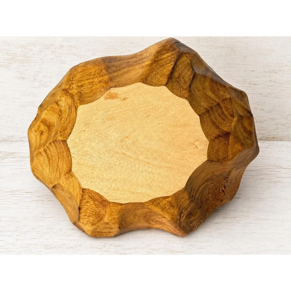 Vintage Primitive Burl Wood Basket Bowl Handled Hand Carved Rustic